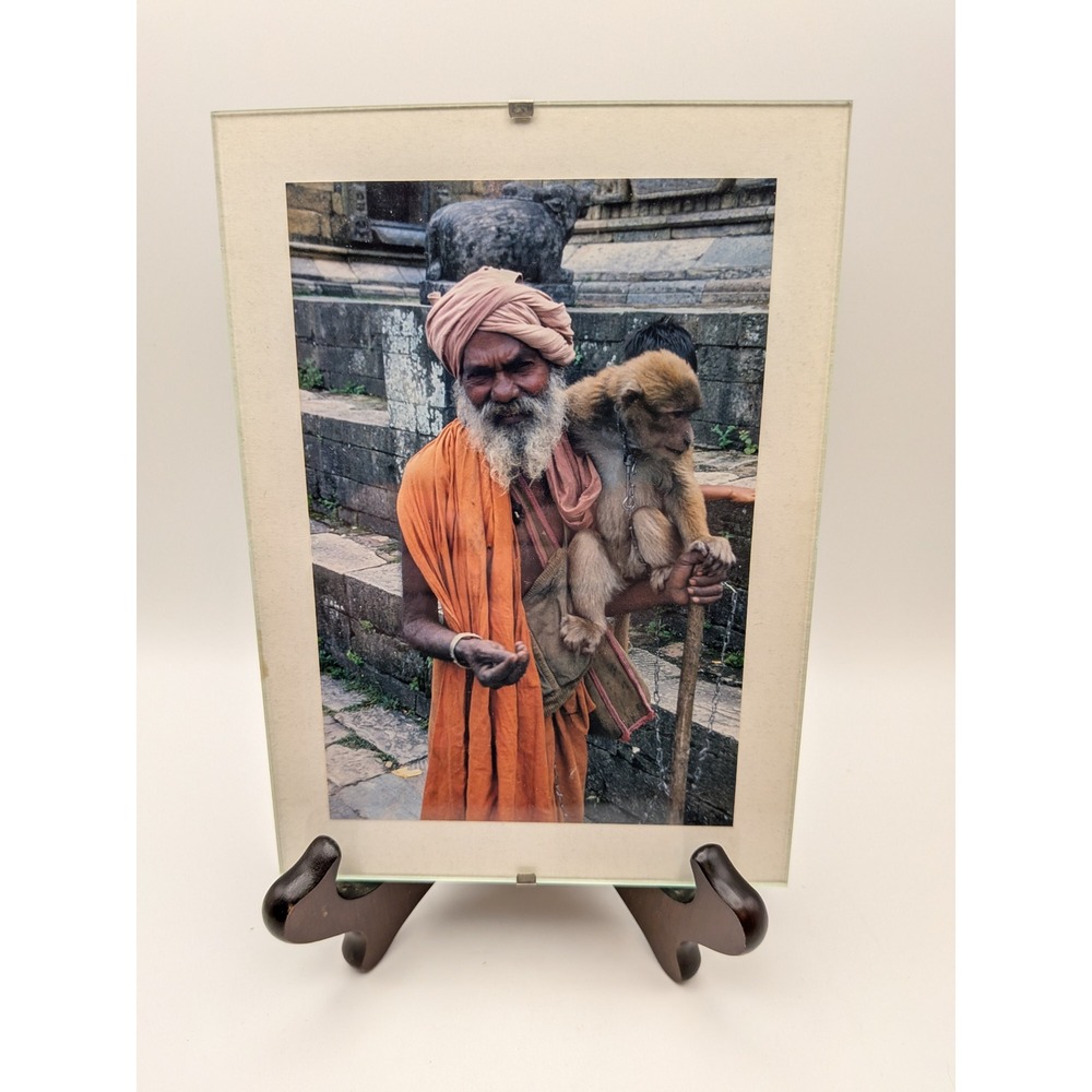 Original 5x7 India Ganges Photograph Man with Monkey Framed Travel Art 1991